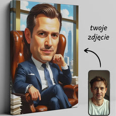 Karikatura szefa na płótnie, unikalny portret dla miłośników sztuki