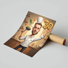 Poster na urodziny z szefem kuchni w stylu kreskówki na produkt Karykatura szefa kuchni