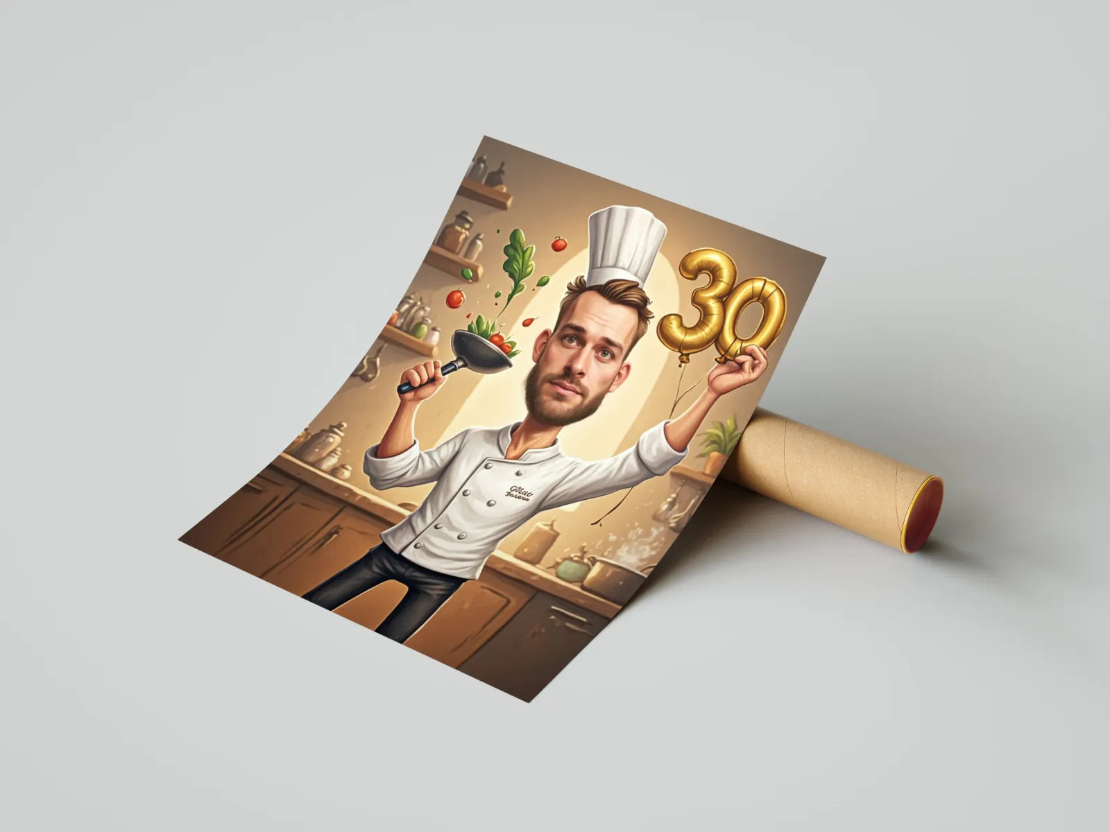 Poster na urodziny z szefem kuchni w stylu kreskówki na produkt Karykatura szefa kuchni