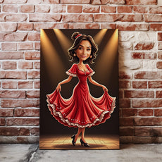 Kolorowa kreskówkowa ilustracja kobiety w czerwonej sukni flamenco
