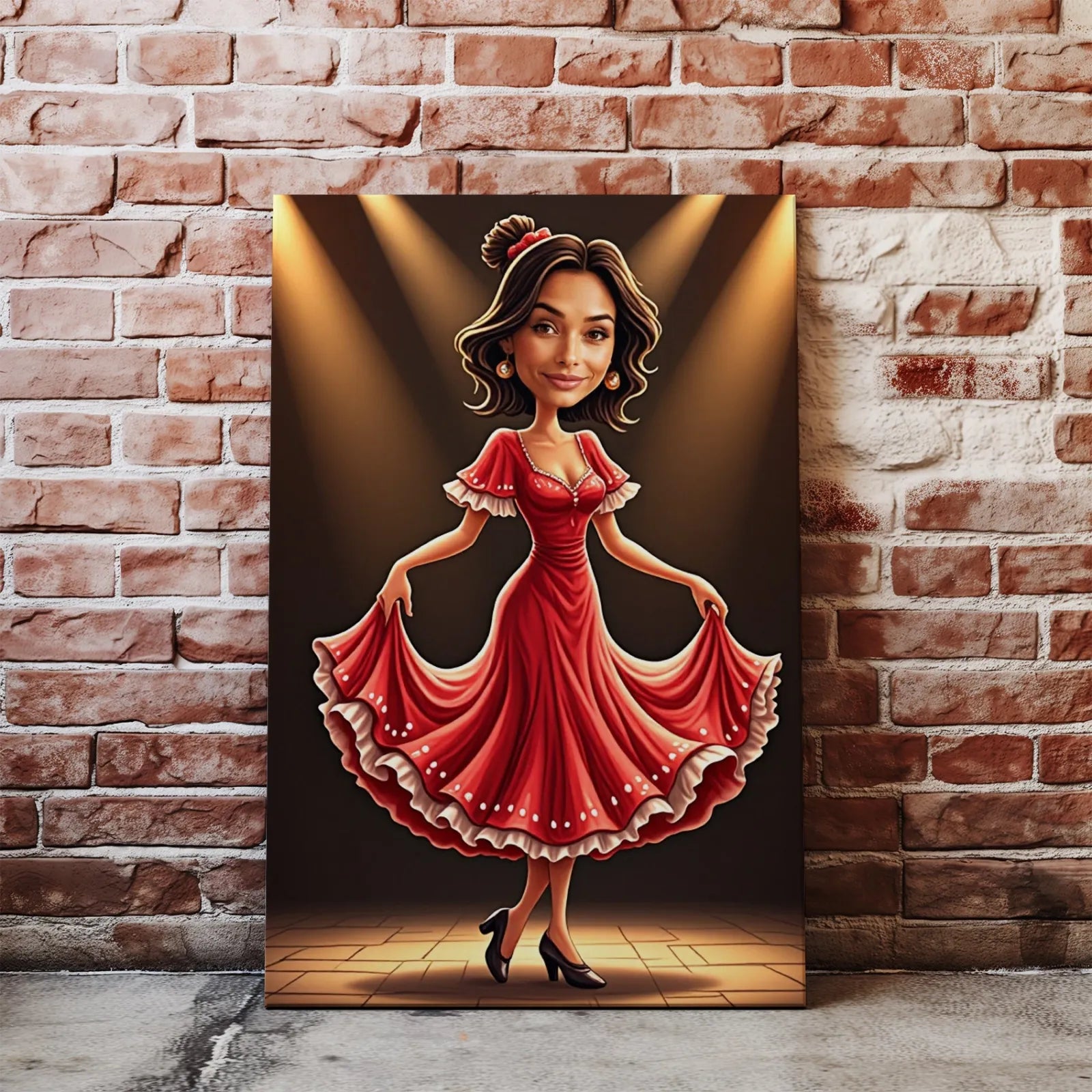 Kolorowa kreskówkowa ilustracja kobiety w czerwonej sukni flamenco