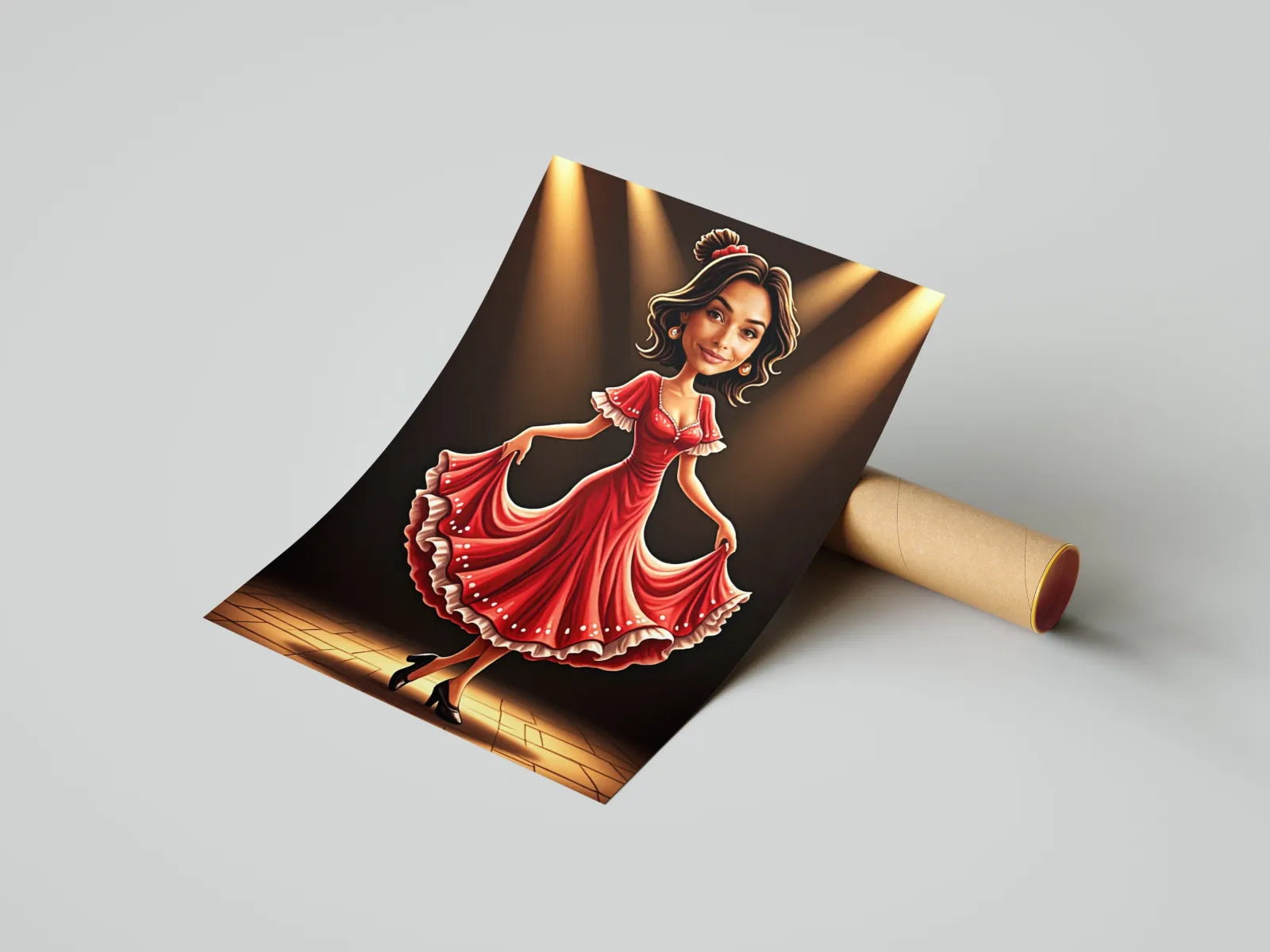 Błyszczący plakat tancerki flamenco w czerwonej sukni, częściowo rozwinięty z tuby