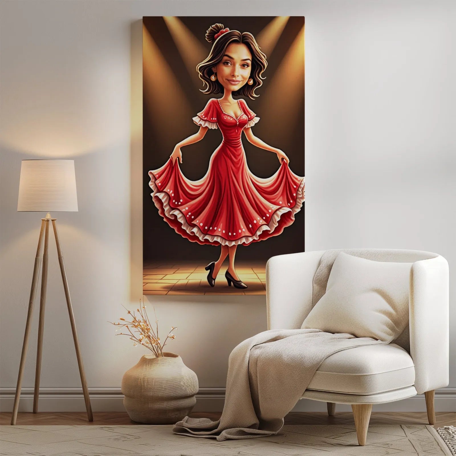 Kolorowy rysunek kobiety w czerwonej sukni flamenco w stylu kreskówkowym