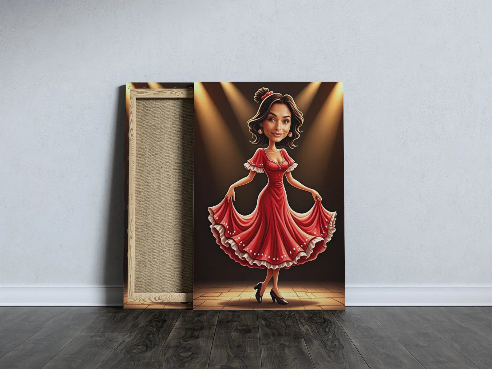 Plakat na płótnie z kreskówkową tancerką flamenco w czerwonej sukni