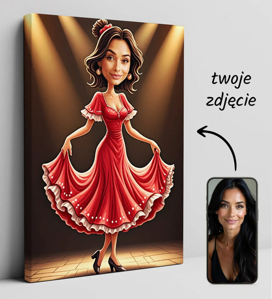 Personalizowany druk na płótnie z cartoon tancerki flamenco w czerwonej sukni