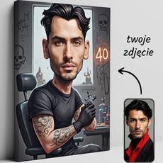 Karikatura tatuażysty na płótnie jako prezent na 40. urodziny