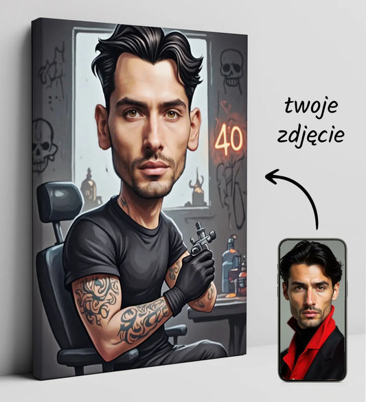 Karikatura tatuażysty na płótnie jako prezent na 40. urodziny