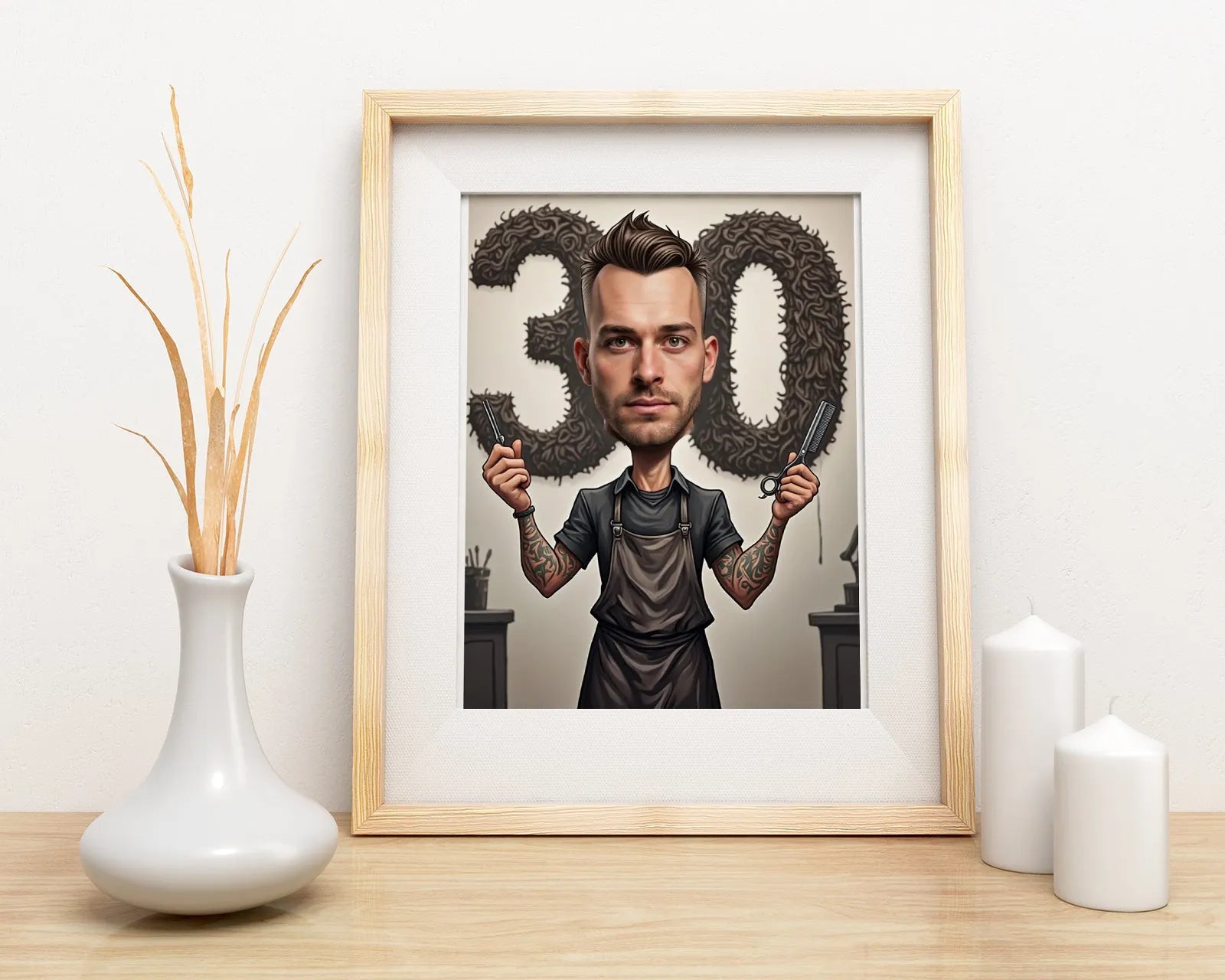 Framed caricature of a Barber for birthday gift in the Karykatura urodzinowa barbera collection