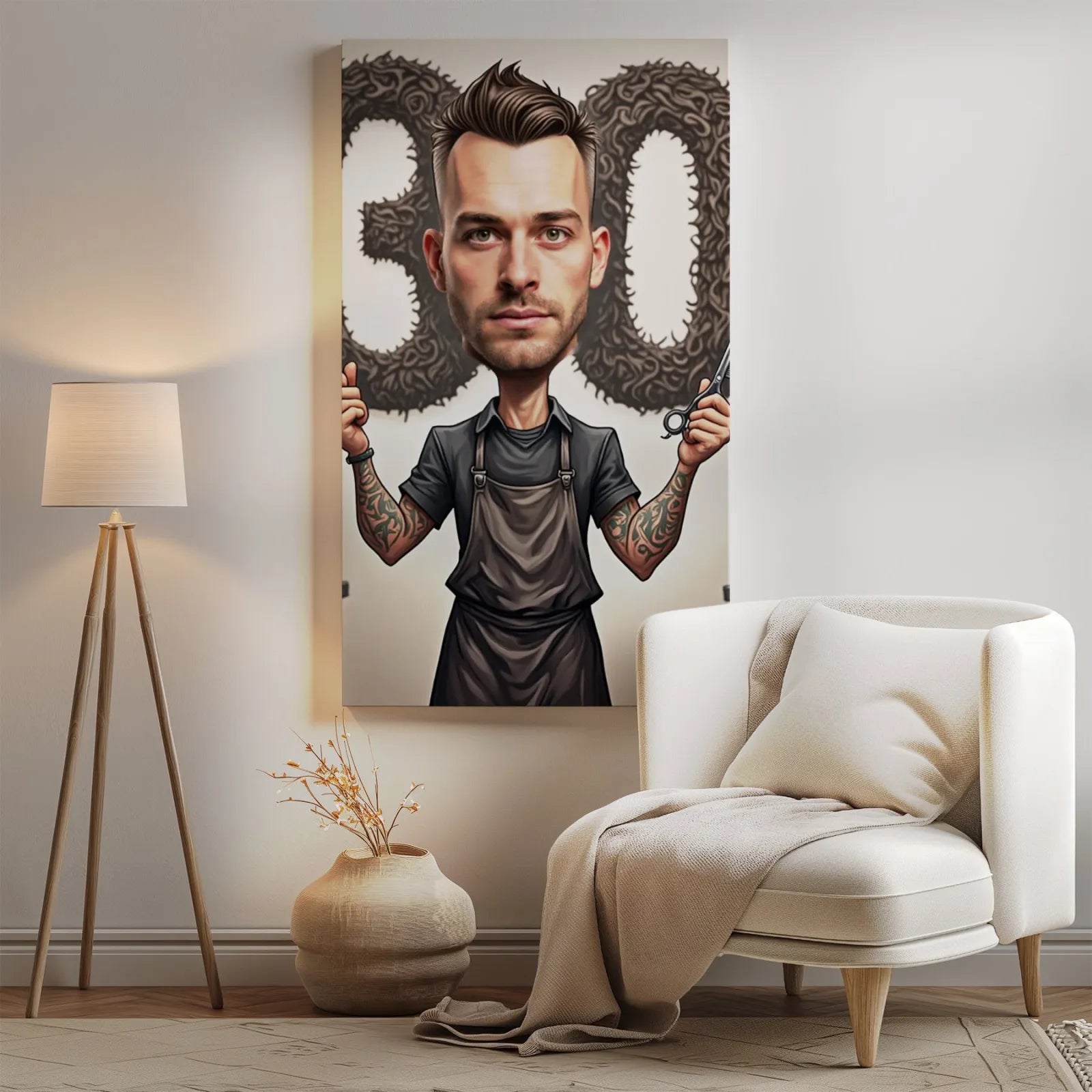 Barber caricature wall art decor for birthday celebration in Karykatura urodzinowa barbera
