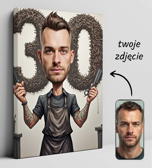 Personalizowany portret barbera na płótnie na urodziny w sklepie Karykatura Urodzinowa Barbera