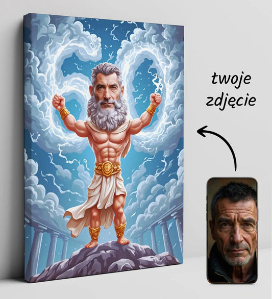 Personalizowana kanwa z postacią Zeus dla męża na urodziny w Karykatura na urodziny dla męża - M