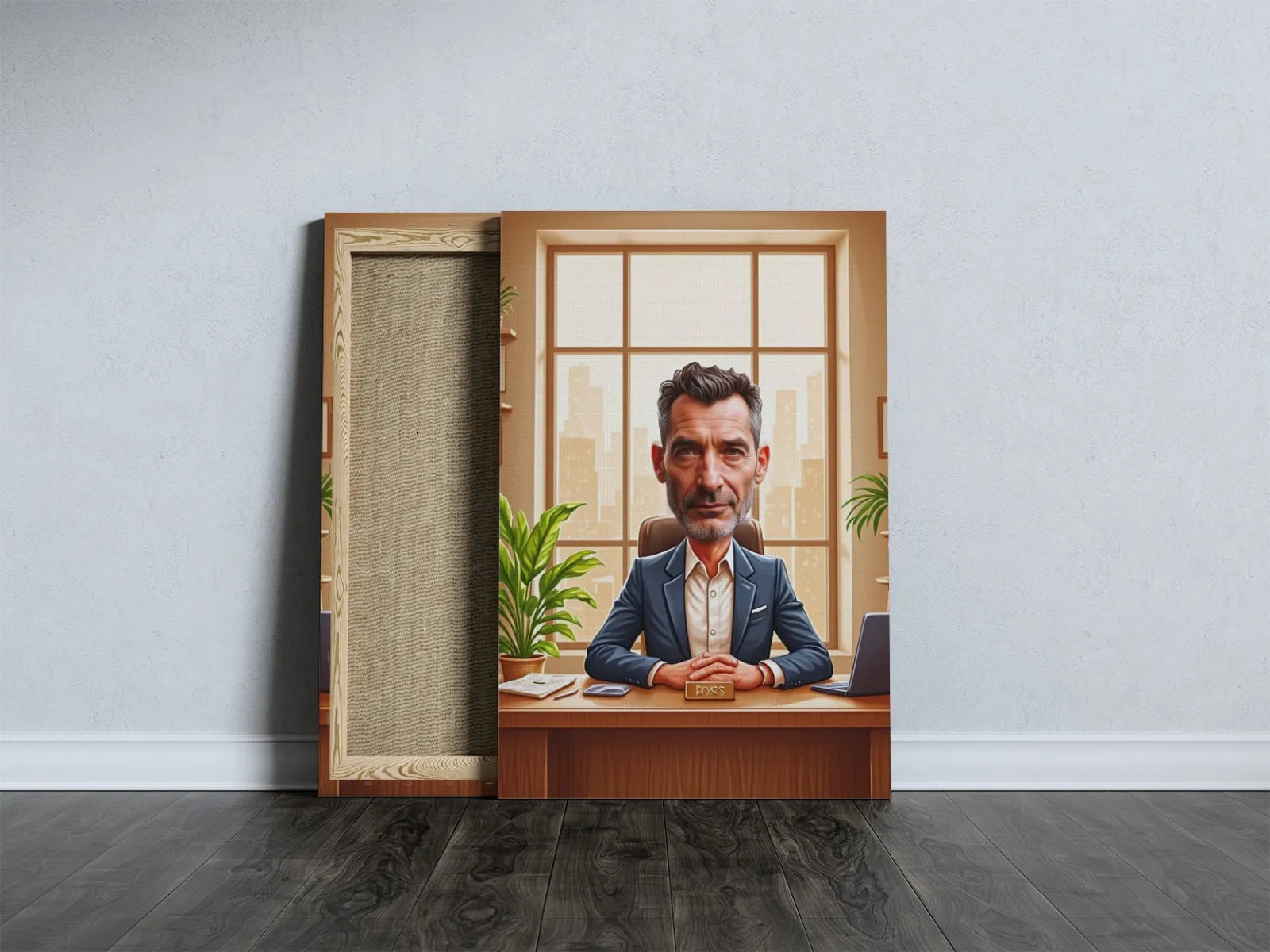 Canvas print caricatured businessman in an office with birthday greeting for boss