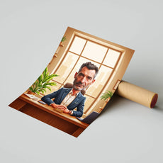 Rolled-up cartoon portrait poster for birthday gift featuring a boss in an office setting
