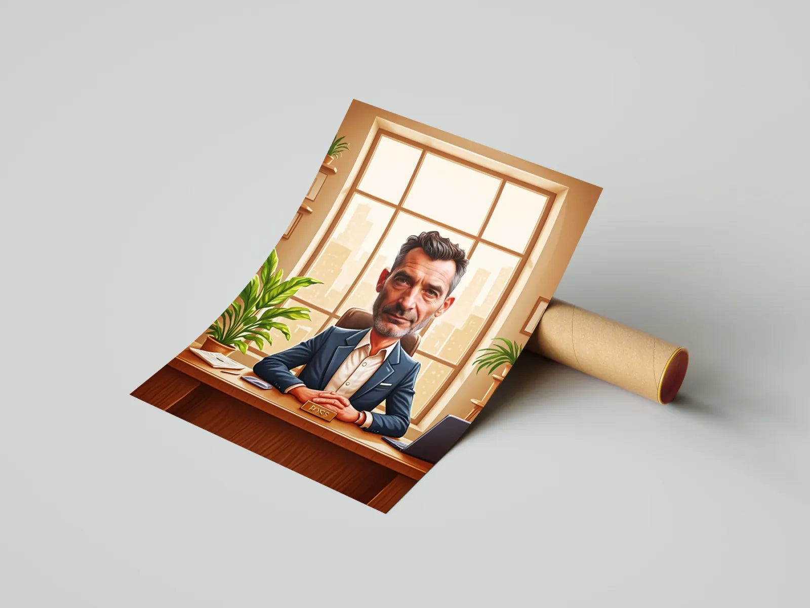 Rolled-up cartoon portrait poster for birthday gift featuring a boss in an office setting