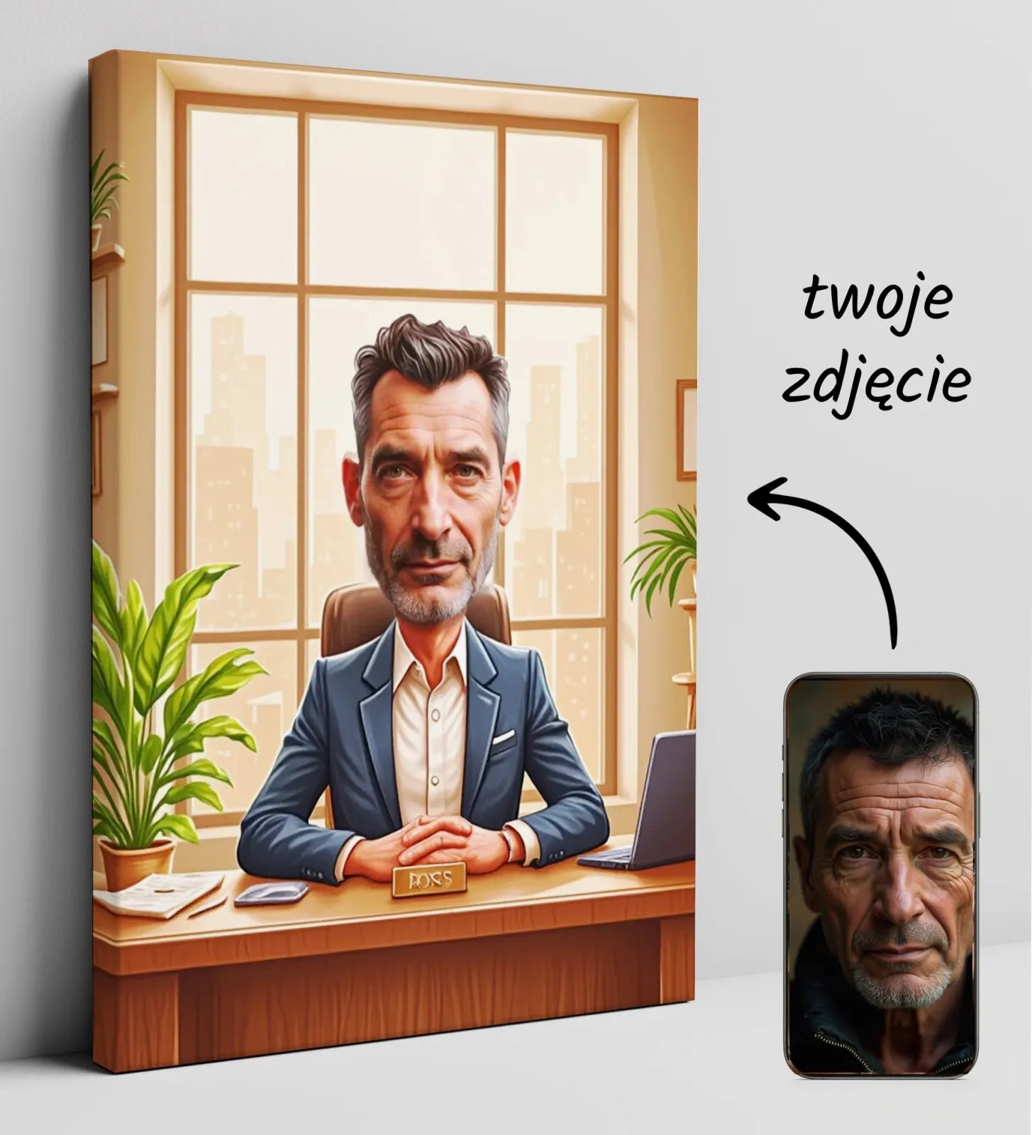 Caricature portret na płótnie dla szefa w biurze z napisem konferencja