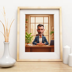 Framed caricature of a businessman for birthday gift featuring a president in an office