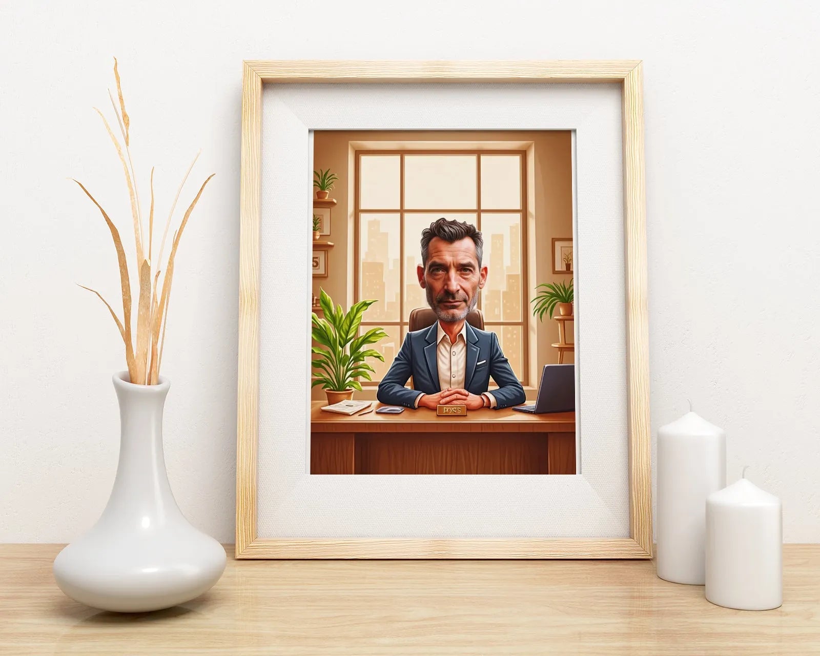 Framed caricature of a businessman for birthday gift featuring a president in an office