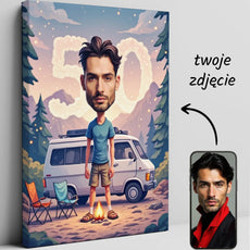 Personalized caricature canvas print featuring Van Life theme, idealny prezent urodzinowy dla miłośnika kamperów