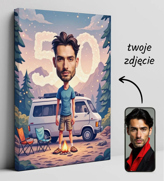 Personalized caricature canvas print featuring Van Life theme, idealny prezent urodzinowy dla miłośnika kamperów