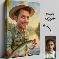 Personalizowana karykatura wędkarza na płótnie jako wyjątkowy prezent
