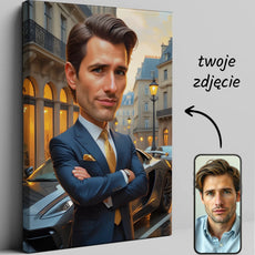Karykatura na płótnie z samochodem, wyjątkowy portret artystyczny