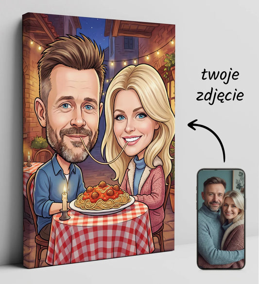 Karykatura zakochanej pary jedzącej spaghetti przy kolacji na zewnątrz
