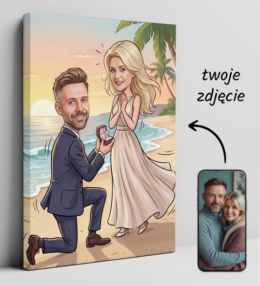 Karykatura zakochanej pary na plaży z palmami i zachodem słońca – pomysłowy prezent na rocznicę i walentynki