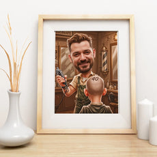Framed barber caricature as an original gift for a Barber from the photo