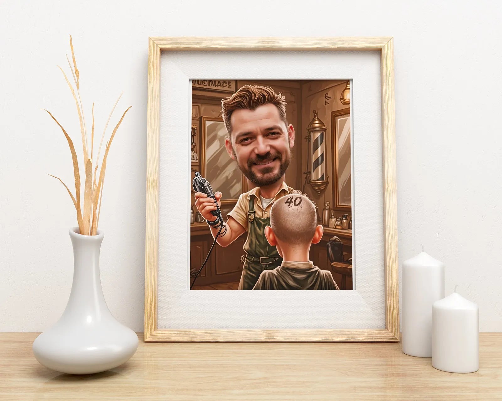 Framed barber caricature as an original gift for a Barber from the photo