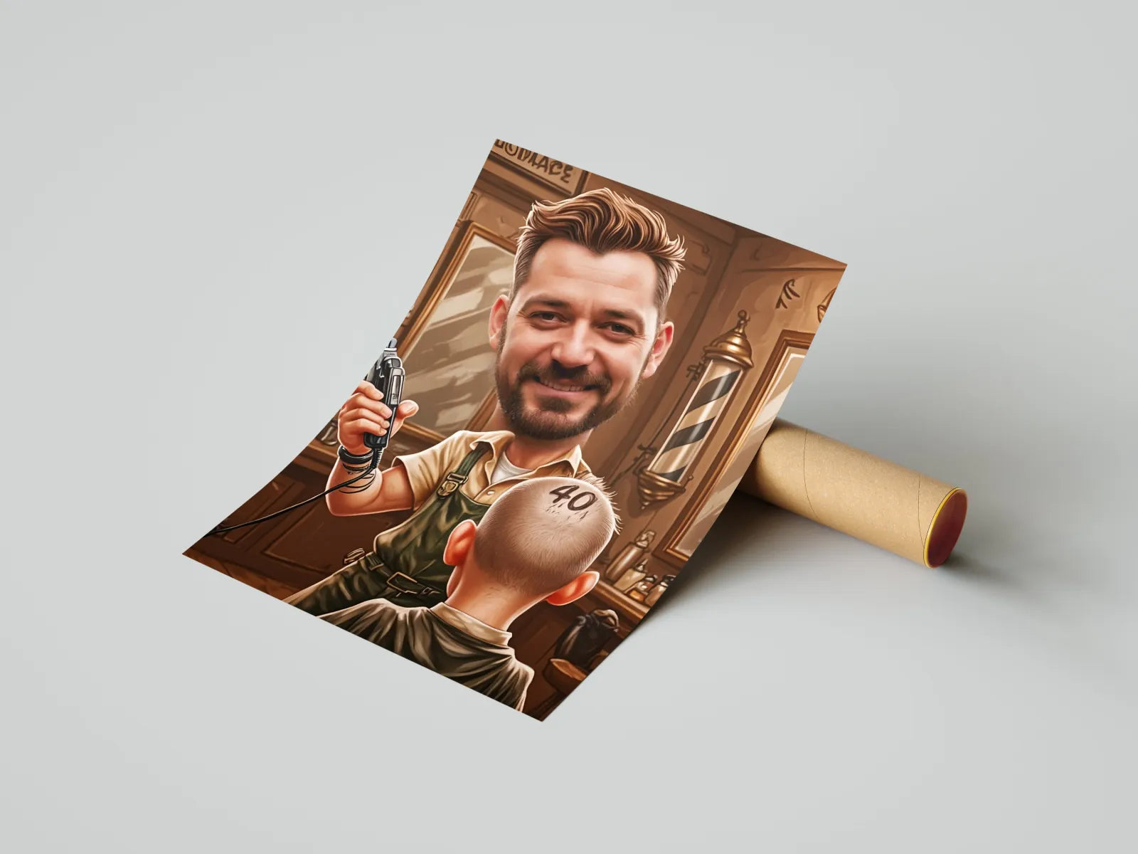 Barber caricature print as a unique gift for barbers displayed in Karykatura ze zdjęcia