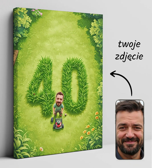 Spersonalizowany obraz na płótnie na 40 urodziny z motywem koszenia trawy dla ogrodnika