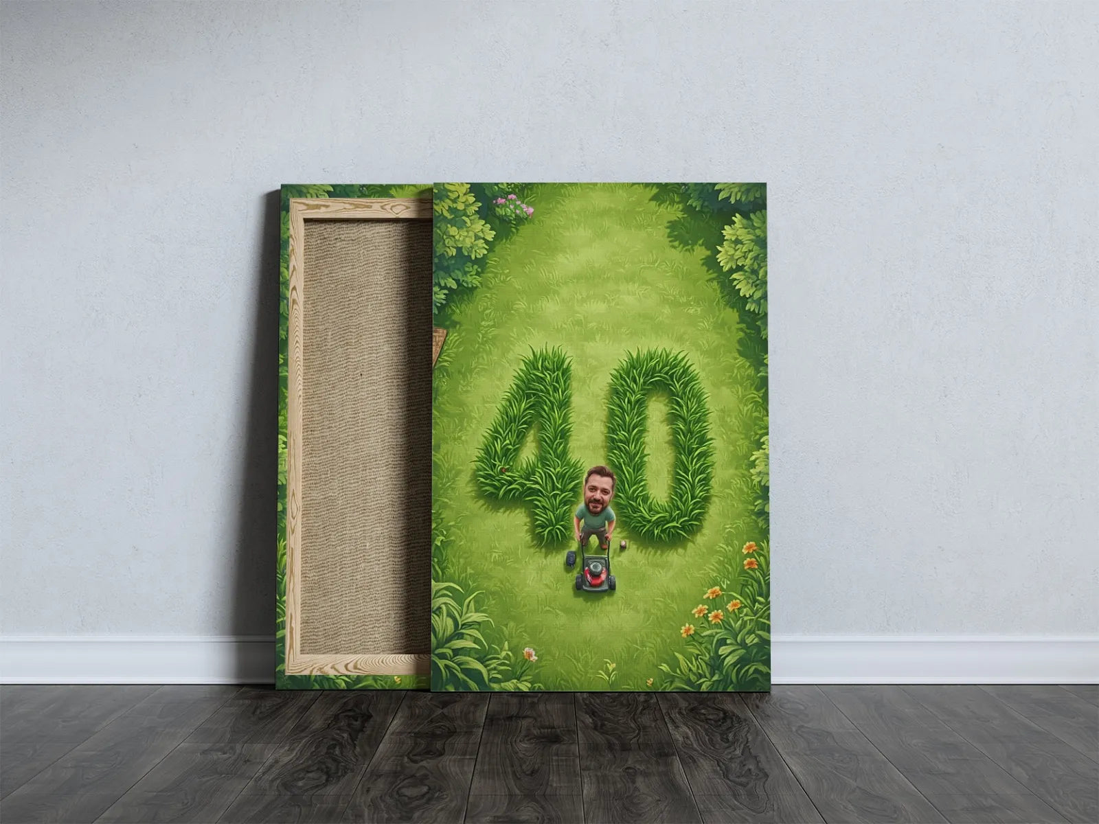 Canvas print z mężczyzną koszącym trawnik uformowany w cyfrę 40, idealny prezent dla ogrodnika