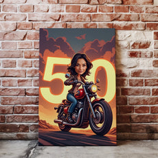 Kolorowa kartka z kobietą na czerwonym motocyklu i dużym 50 w tle