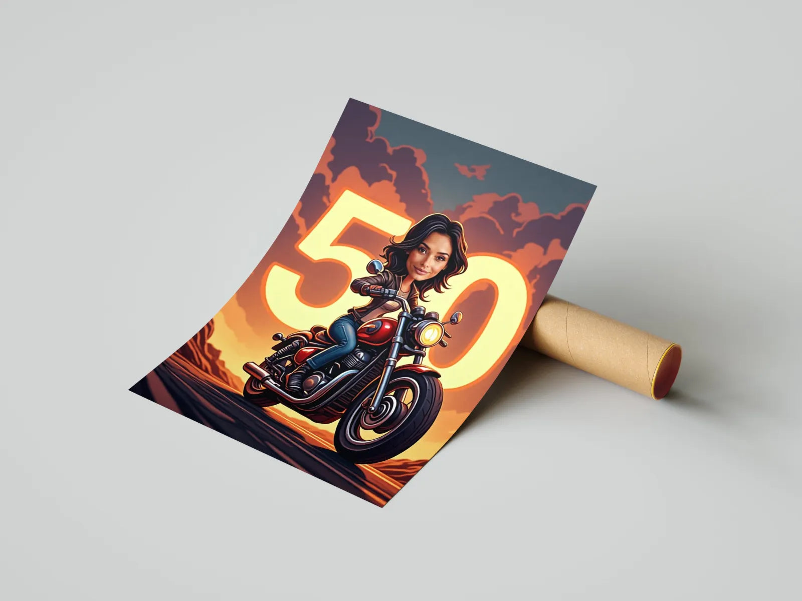 Kolorowy plakat z kobietą na motocyklu i numerem 50 na tle, idealny na prezent
