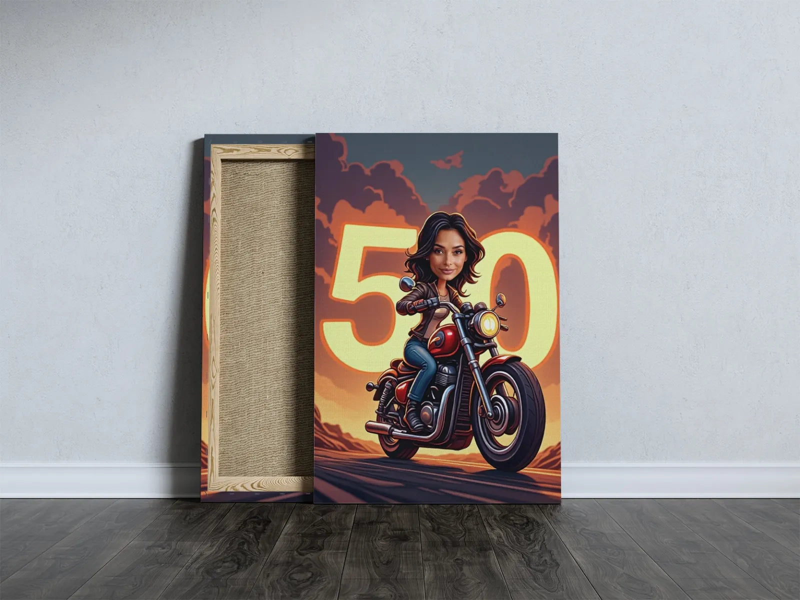 Kanwa z kobieta na motocyklu z numerem 50, idealny prezent dla kobiety