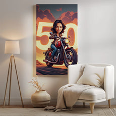 Plakat na płótnie z kobietą na motocyklu i numerem 50, idealny prezent dla kobiety