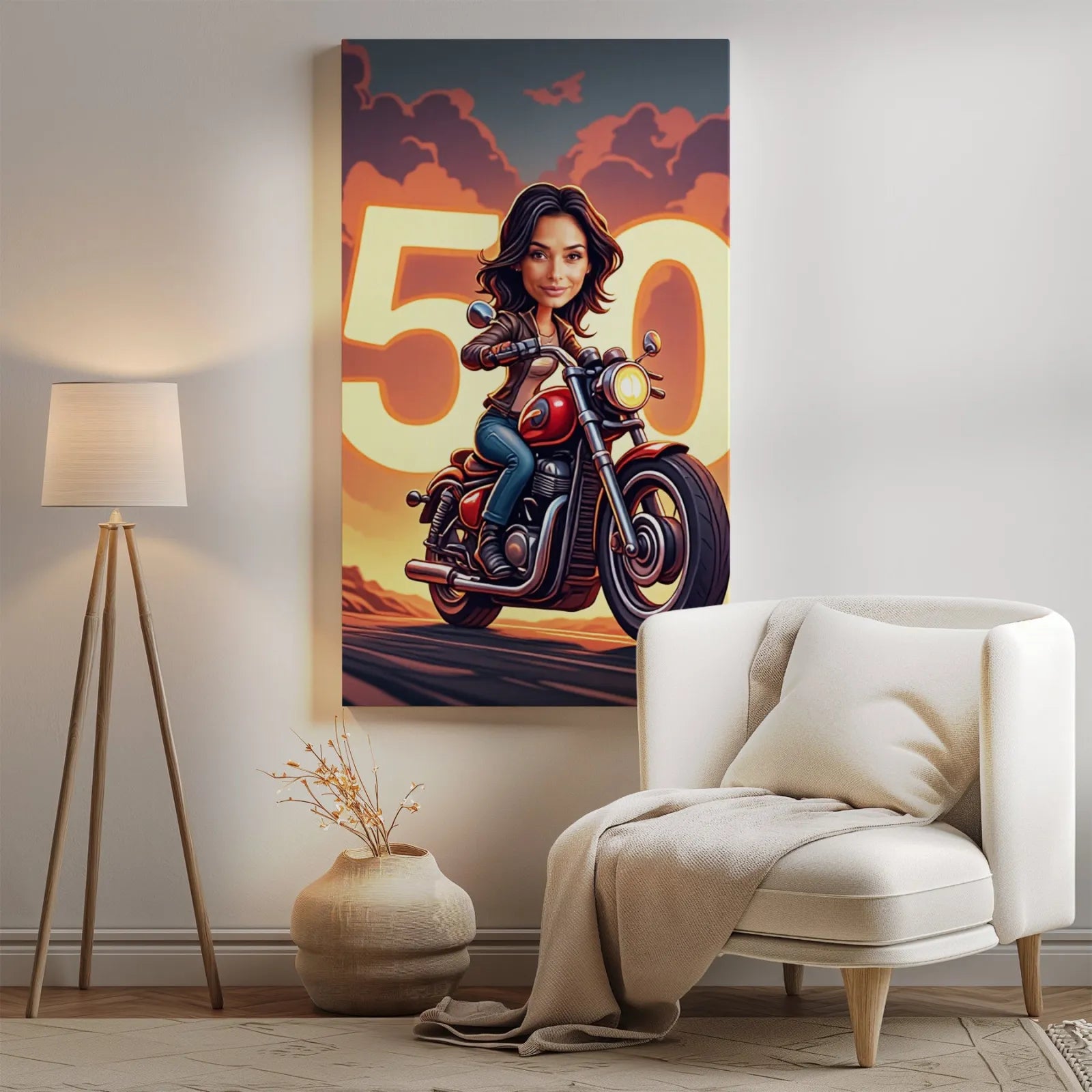Plakat na płótnie z kobietą na motocyklu i numerem 50, idealny prezent dla kobiety