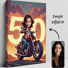 Spersonalizowany rysunek kobiety na motocyklu z jej zdjęciem na prezent dla kobiety
