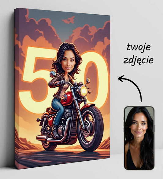 Spersonalizowany rysunek kobiety na motocyklu z jej zdjęciem na prezent dla kobiety
