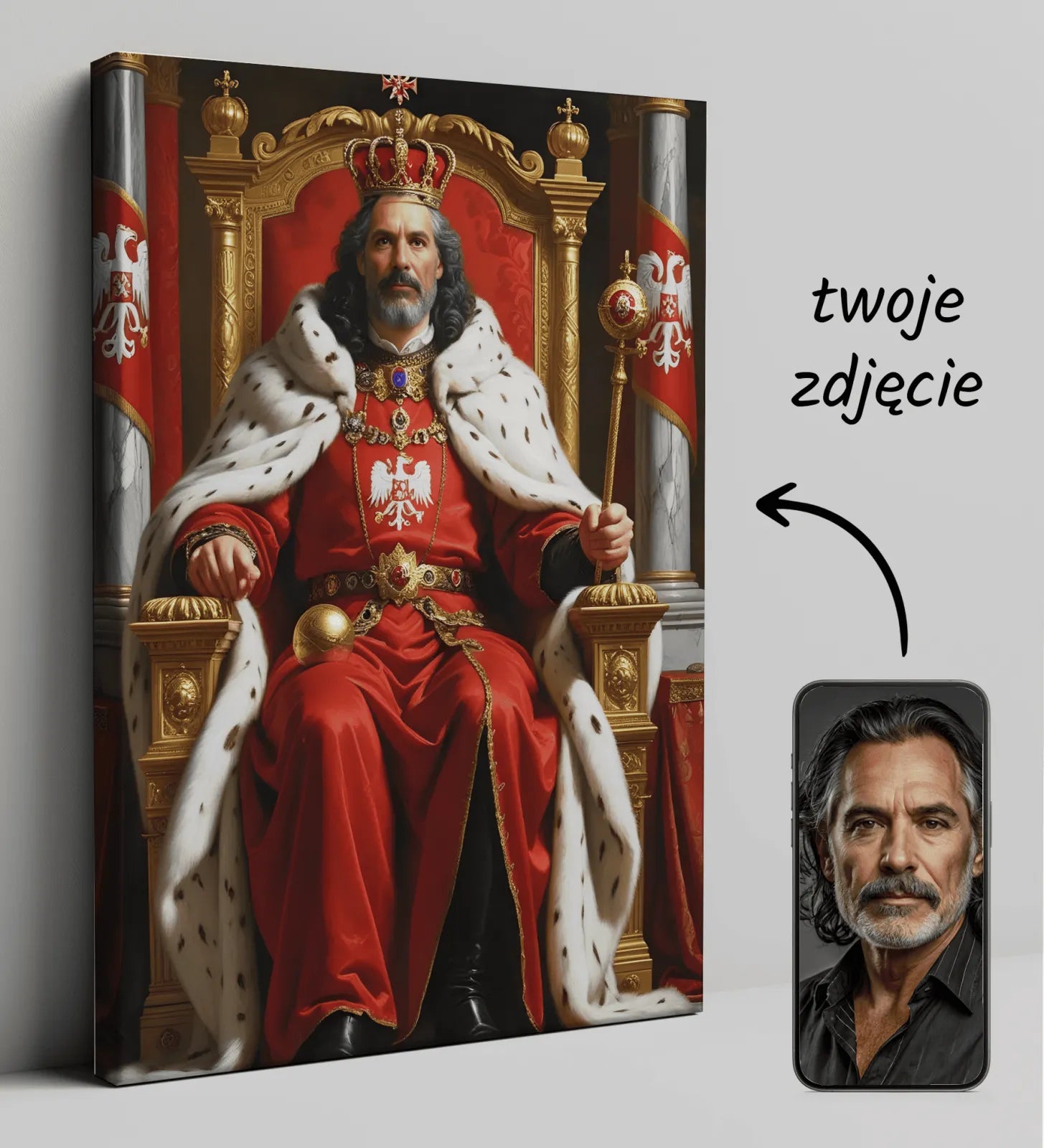 Portret regala do personalizacji Król Polski na tronie w eleganckiej oprawie