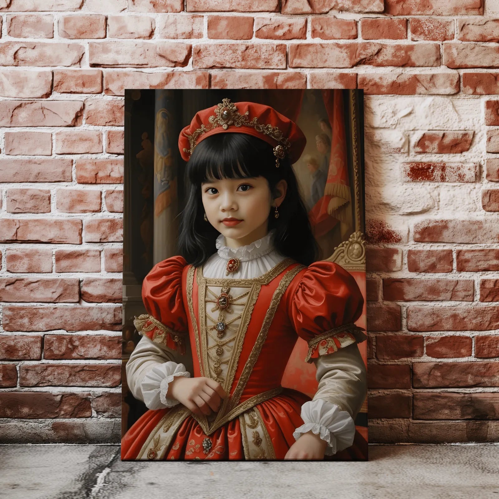 Portret młodej dziewczyny w renesansowym stroju w czerwono-złotej sukni