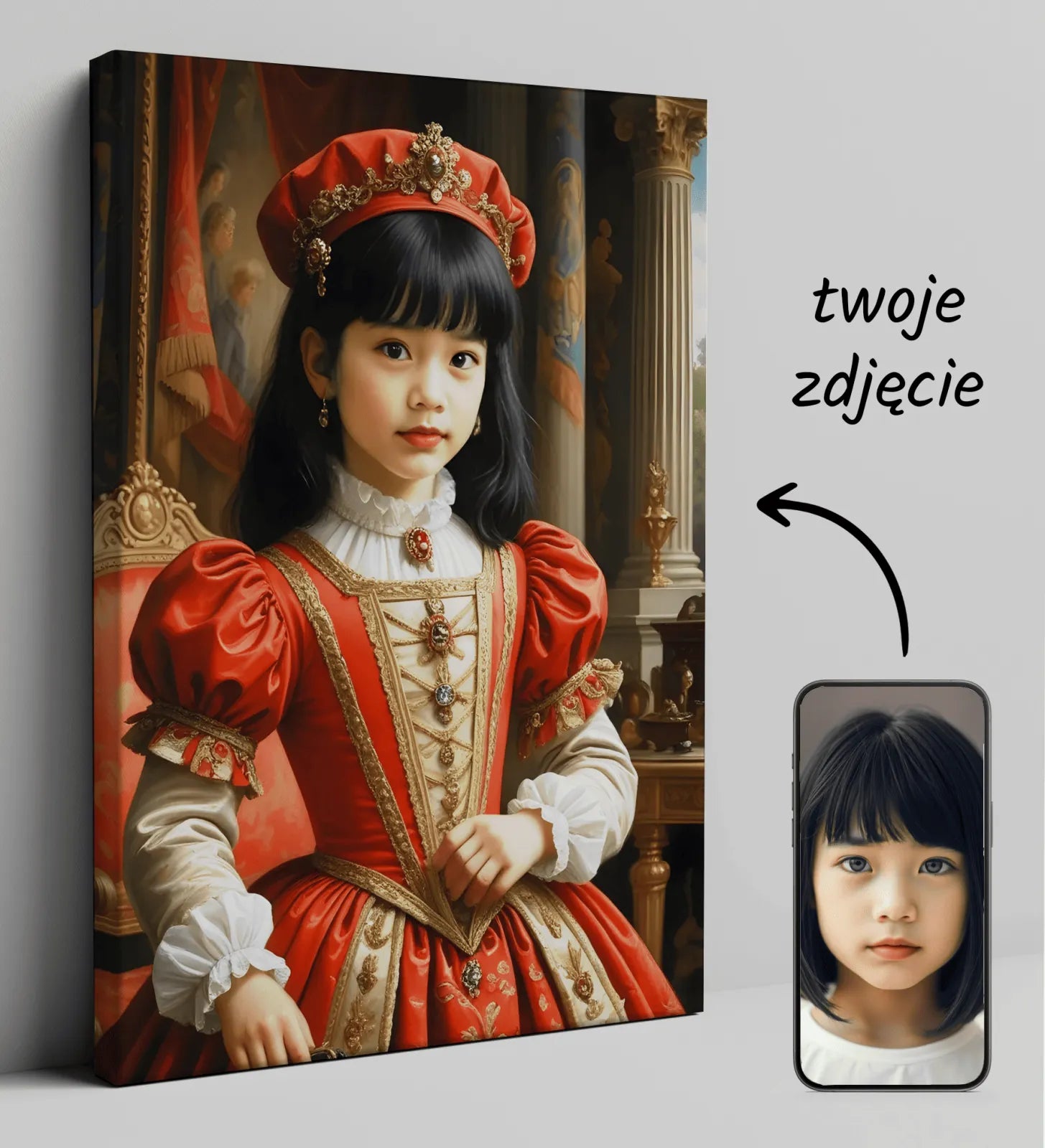Custom portrait canvas Królewna w czerwono-złotej sukni dla wyjątkowych wnętrz