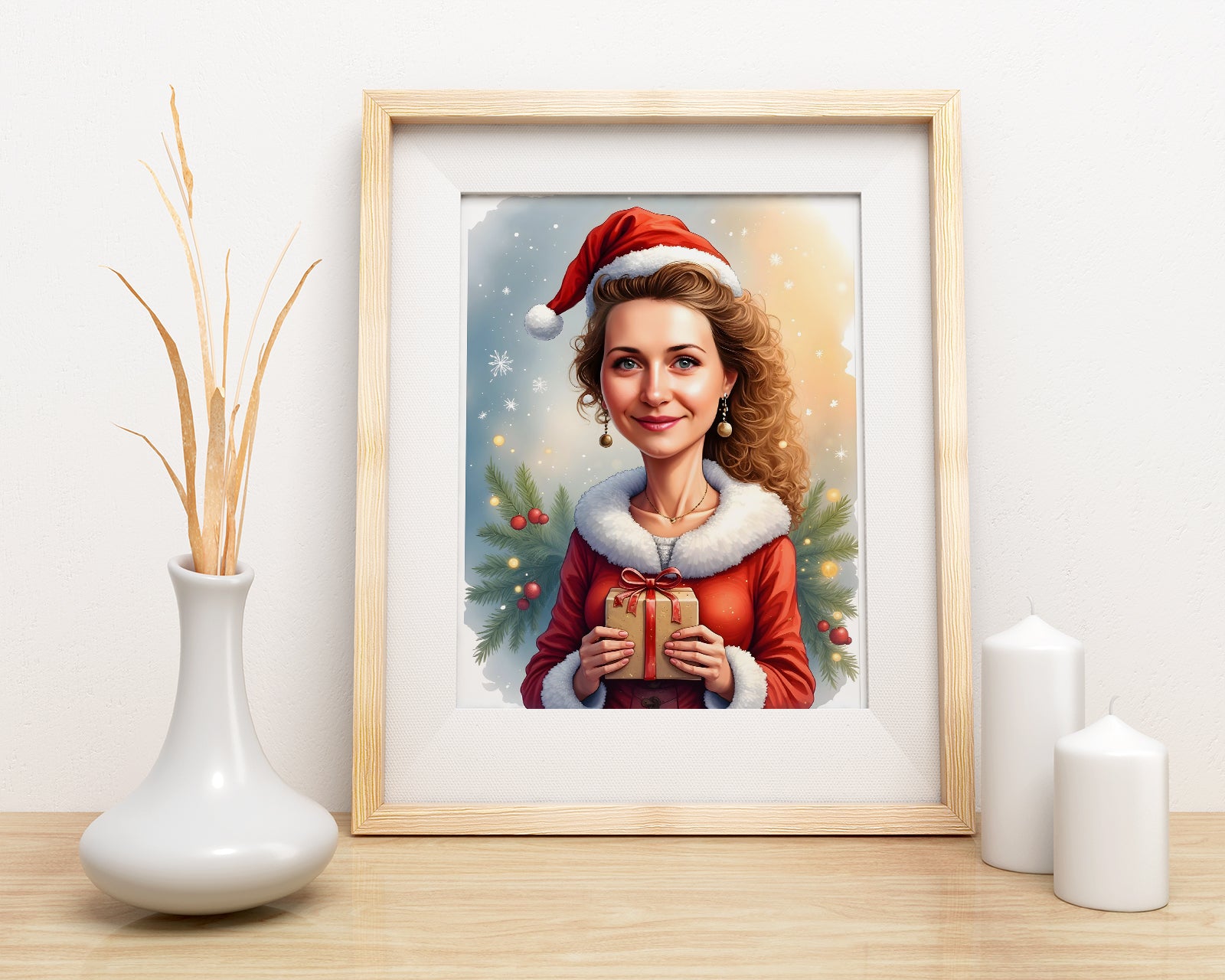 Portret kobiety z prezentem w stroju Mikołajki