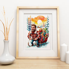 Portret rodzinny na zamówienie – zimowa ilustracja z saniami i prezentami