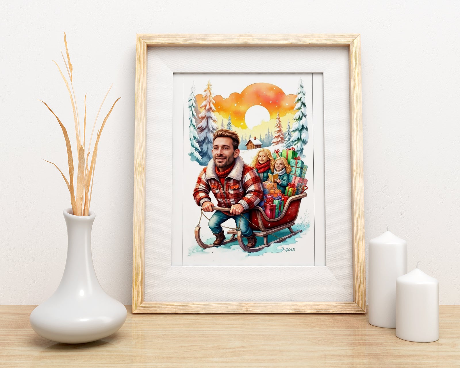 Portret rodzinny na zamówienie – zimowa ilustracja z saniami i prezentami