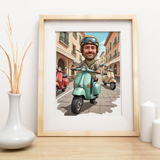Portret karykatura ze zdjęcia – Włoski styl na skuterze