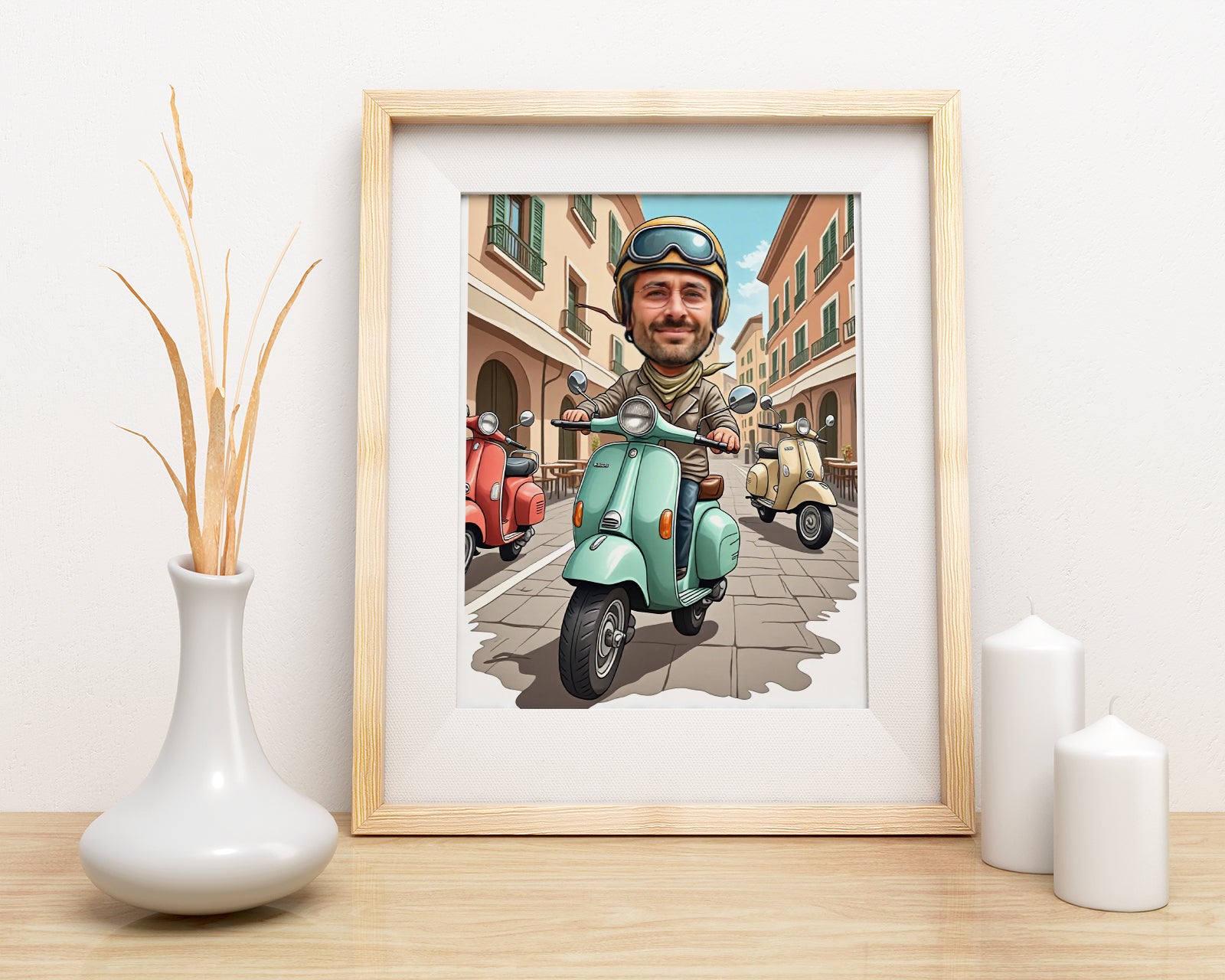 Portret karykatura ze zdjęcia – Włoski styl na skuterze