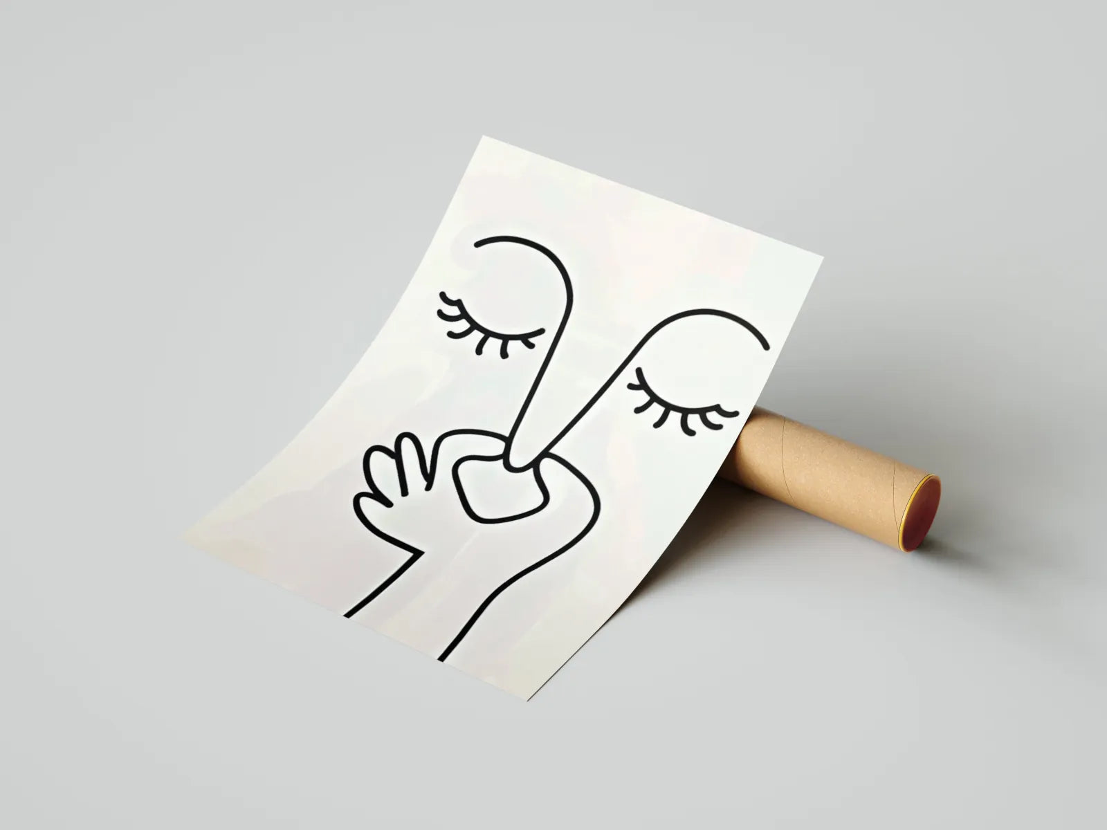 Liniowa grafika twarzy naklejona na drewnianej tubie w produkcie Minimalistyczna grafika Zapach