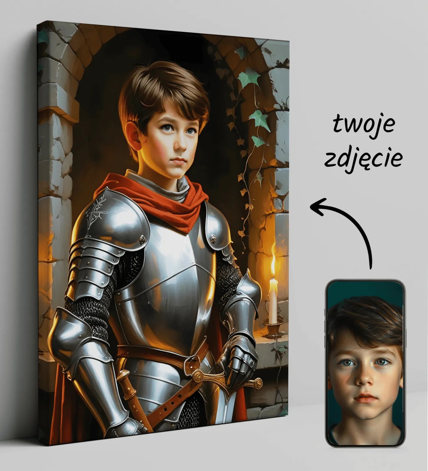 Personalizowany portret rycerza na płótnie dla dziecka Młody Rycerz