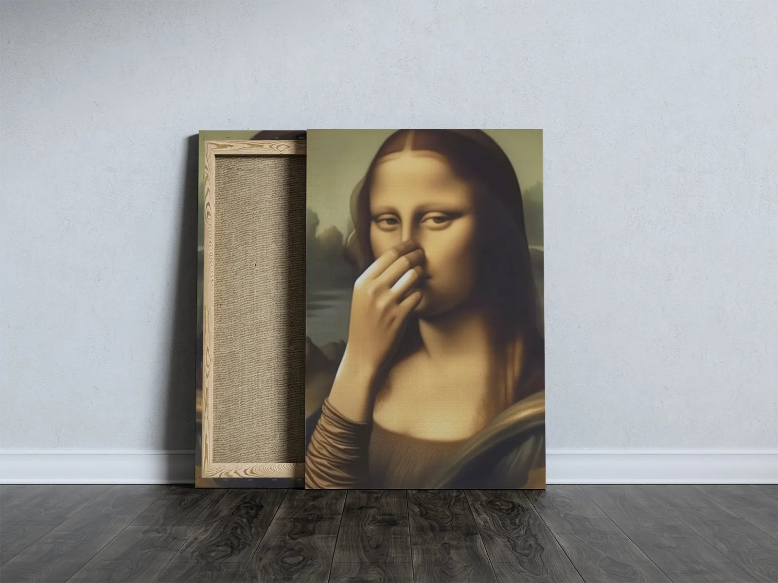 Mona Lisa na płótnie z uśmiechem i nose pinch, humorystyczna parodia do łazienki